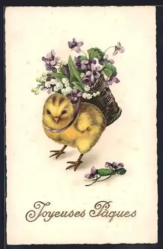 AK Osterküken mit Korb voller Blumen auf dem Rücken, Joyeuses Paques