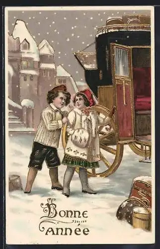 AK Mädchen mit Pelzmuff verabschiedet sich, Neujahrsgruss