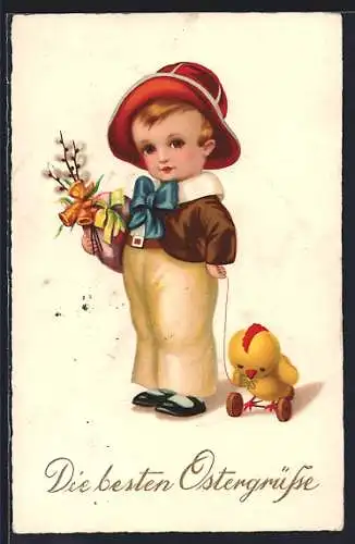 AK Junge mit Osterküken-Spielzeug und Weidenkätzchen