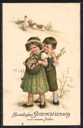 Präge-AK Zwei Kinder mit Blumen, Herzlichen Glückwunsch zum neuen Jahre
