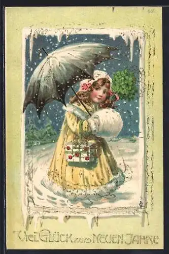 AK Mädchen mit Schirm und Kleeblättern im Schnee, Neujahrsgruss