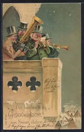 AK Männer musizieren auf einem Balkon, Die besten Glückwünsche zum Neuen Jahre