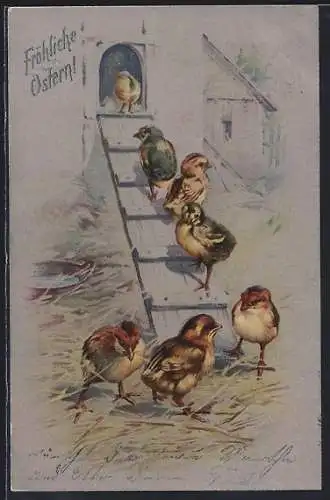 Lithographie Fröhliche Ostern!, Osterküken auf Treppe