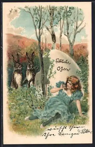 AK Osterhasen entdecken ein Mädchen hinter einem grossen Ei, Fröhliche Ostern