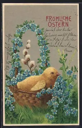 AK Osterküken sitzt in einem Korb mit Blumen, Fröhliche Ostern