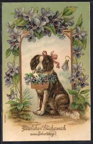 AK Hund mit Blumenkorb um den Hals, Geburtstagsgruss