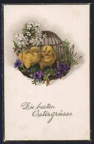 AK Zwei Osterküken vor einem kleinen Käfig mit Blumen, Die besten Ostergrüsse