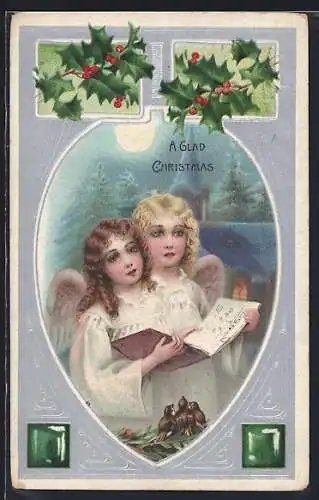 AK Zwei Weihnachtsengel mit einem Liederbuch, A Glad Christmas