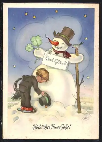 AK Kleiner Schornsteinfeger bei einem Schneemann mit Kleeblättern, Glückliches Neues Jahr