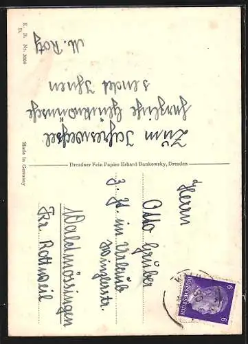 AK Kleiner Schornsteinfeger bei einem Schneemann mit Kleeblättern, Glückliches Neues Jahr