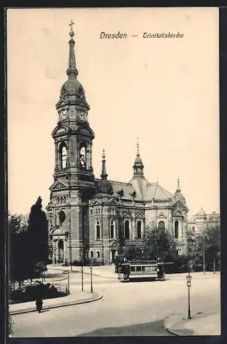 AK Dresden, Strassenbahn an der Trinitatiskirche, Trinitatisplatz