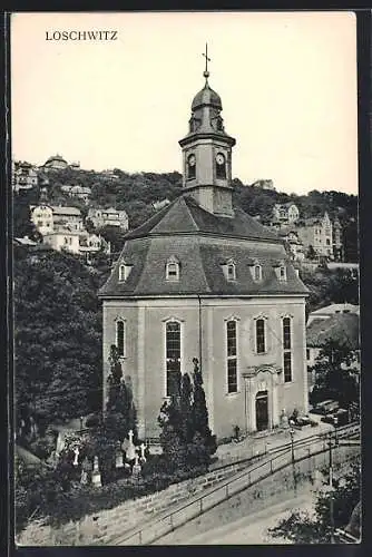 AK Dresden-Loschwitz, Kirche mit kleinem Friedhof