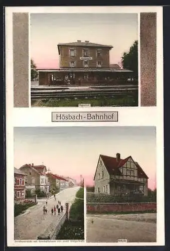 AK Hösbach, Bahnhof, Schule, Strassenansicht mit Geschäftshaus Josef Steigerwald