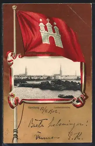 AK Hamburg-Neustadt, Partie der Lombardsbrücke, Passepartout mit Hamburger Fahne