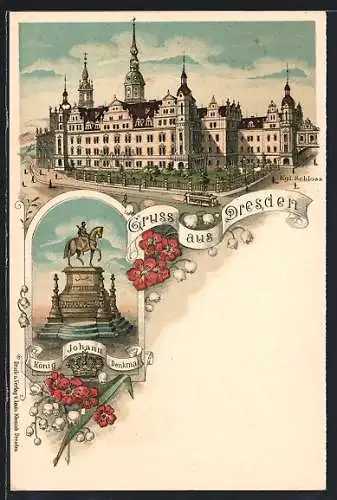 Lithographie Dresden, Partie am Kgl. Schloss, König Johann Denkmal