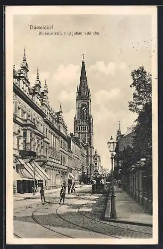 AK Düsseldorf, Blumenstrasse und Johanneskirche, Strassenbahn
