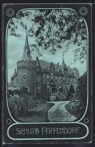 Mondschein-AK Paffendorf, Ansicht vom Schloss mit Auffahrt
