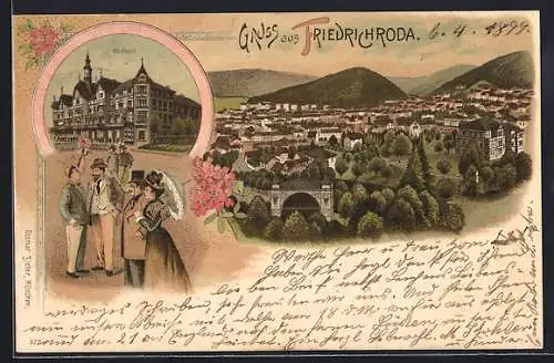 Lithographie Friedrichroda, Flaneure am Hotel Kurhaus, Ortsansicht