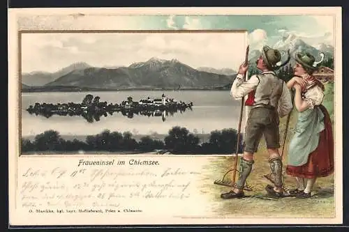 Passepartout-Lithographie Fraueninsel im Chiemsee, Bauernpaar