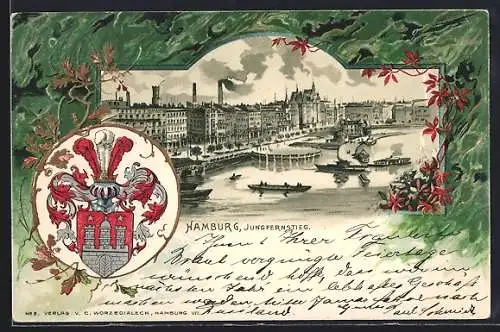 Passepartout-Lithographie Hamburg-Neustadt, Stadtwappen mit Jungfernstieg