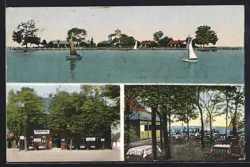 AK Steinhude am Meer, Strandrestaurant Ratskeller W. Büsselberg mit Garten, Panorama vom Wasser aus