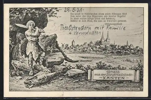 Künstler-AK Xanten, Siegfried mit besiegtem Drachen, Gesamtansicht