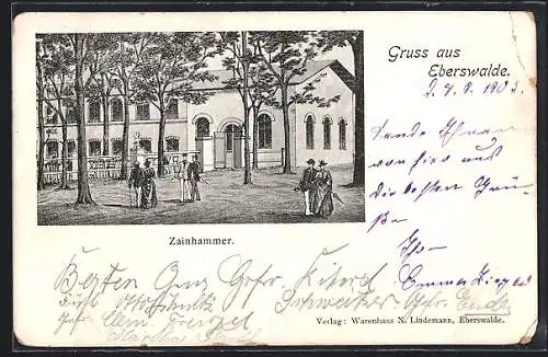 Künstler-AK Eberswalde, Gasthaus Zainhammer mit Spaziergängern
