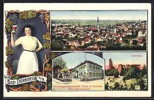 AK Bad Dürkheim a. H., Hotel & Pension Vier Jahreszeiten d. Winzergenossenschaft, Limburg, Junge Dame mit Weinglas