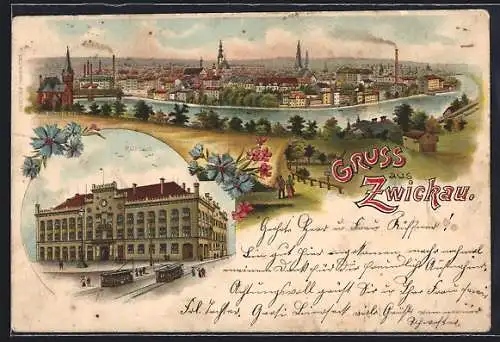 Lithographie Zwickau, Rathaus mit Strassenbahn und Generalansicht