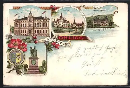 Lithographie Ohligs, Blick auf Rathaus, Villa Berg, Kaiser- u. Kriegerdenkmal, Caspars Bruch