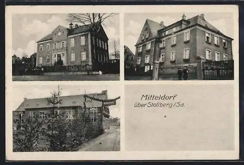 AK Mitteldorf über Stollberg /Sa., Strassenpartien mit Gebäudeansichten