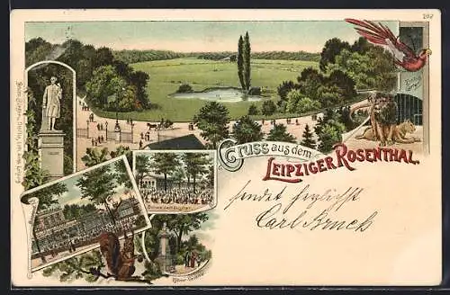 Lithographie Leipzig, Gasthaus im Schweizerhäuschen, Zöllner-Denkmal, Zoolog. Garten