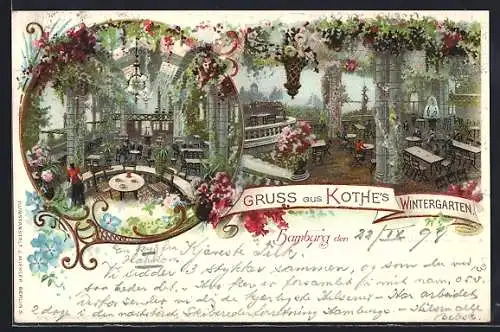 Lithographie Hamburg-Neustadt, Gasthaus Kothes Wintergarten, Neuer Wall 74, Innenansicht