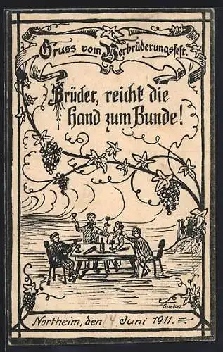 Künstler-AK Northeim, Verbrüderungsfest 1911, Fröhliche Runde beim Wein, Weintrauben-Ornamente