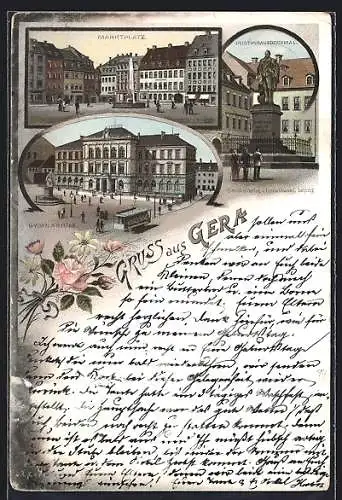 Vorläufer-Lithographie Gera, 1894, Gymnasium mit Strassenbahn, Martkplatz mit Springbrunnen, Posthumusdenkmal