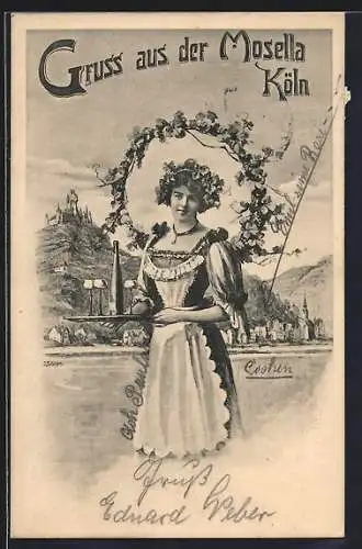 Künstler-AK Köln, Weinrestaurant Mosella, Stephanstrasse 2, Weinkönigin mit Kränzen u. Weintablett vor Mosel-Panorama