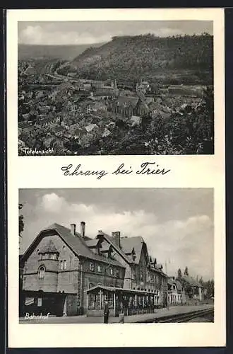 AK Ehrang bei Trier, Bahnhof mit Bahnsteig u. Wartesaal, Teilansicht aus der Vogelschau