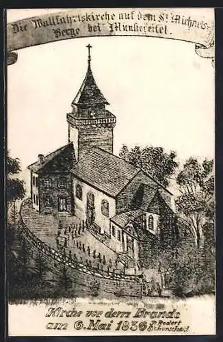 Künstler-AK St. Michelsberg /Münstereifel, Wallfahrtskirche vor dem Brande 1836, Ansicht aus der Vogelschau