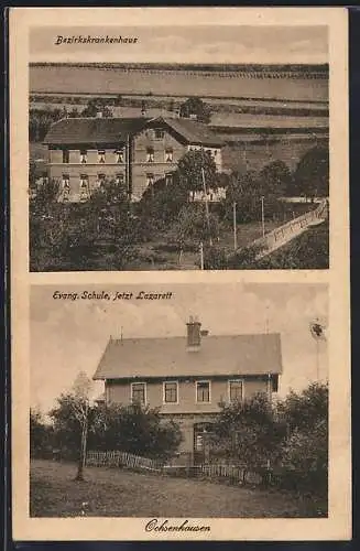 AK Ochsenhausen /Württ., Ev. Schule / Lazarett, Bezirkskrankenhaus mit Strasse aus der Vogelschau
