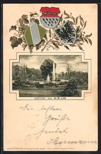 Passepartout-Lithographie Köln-Lindenthal, Partie im Stadtpark, Wappen