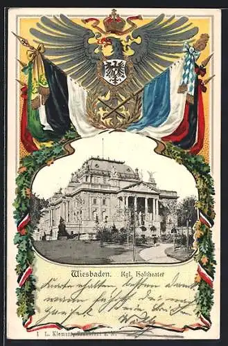 Passepartout-Lithographie Wiesbaden, Kgl. Hoftheater mit Anlage, Flaggen, Reichswappen, Eichenkranz