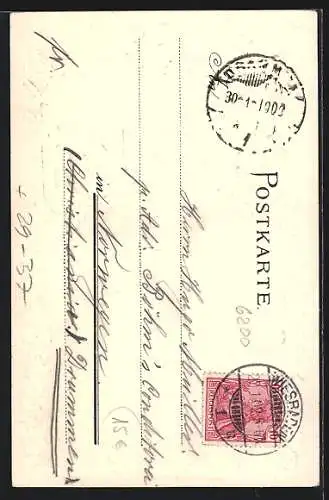 Passepartout-Lithographie Wiesbaden, Kgl. Hoftheater mit Anlage, Flaggen, Reichswappen, Eichenkranz