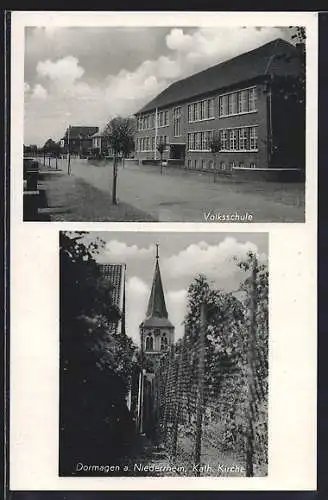 AK Dormagen /Niederrhein, Volksschule mit Strasse, Kath. Kirche
