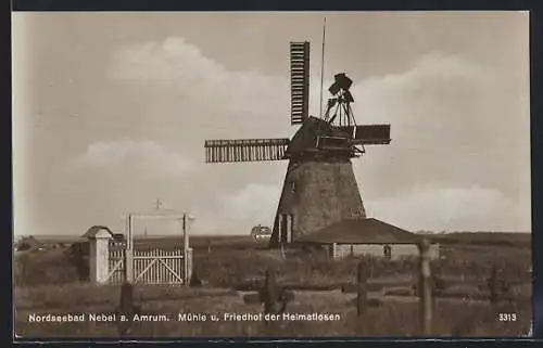 AK Nordseebad Nebel a. Amrum, Windmühle und Friedhof der Heimatlosen