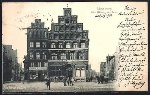 AK Lüneburg, Alte Häuser am Sand, Geschäft Friedrich Herrmann, Gasthaus C.A. Meyer