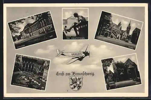 AK Braunschweig, Schloss, Dom, Burg, Flugzeug, Wappen