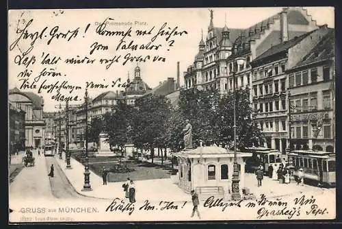 AK München, Promenade Platz mit Strassenbahnen und Passanten