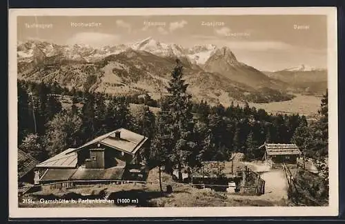 AK Garmisch-Partenkirchen, an der Gamshütte, Blick auf Teufelsgrat, Hochwasner, Alpspitze und Zugspitze