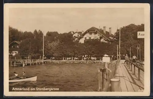 AK Ammerland am Starnbergersee, Seebad vom Steg aus mit Ruderboot