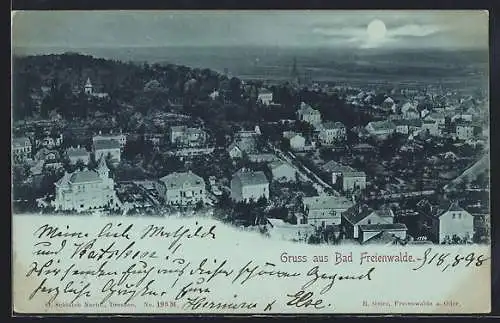 Mondschein-AK Bad Freienwalde, Ortsansicht aus der Vogelschau bei Vollmond